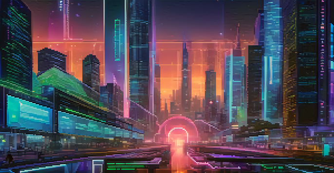 A futuristic digital interface displaying smart contracts with glowing code snippets and a high-tech cityscape at dusk.