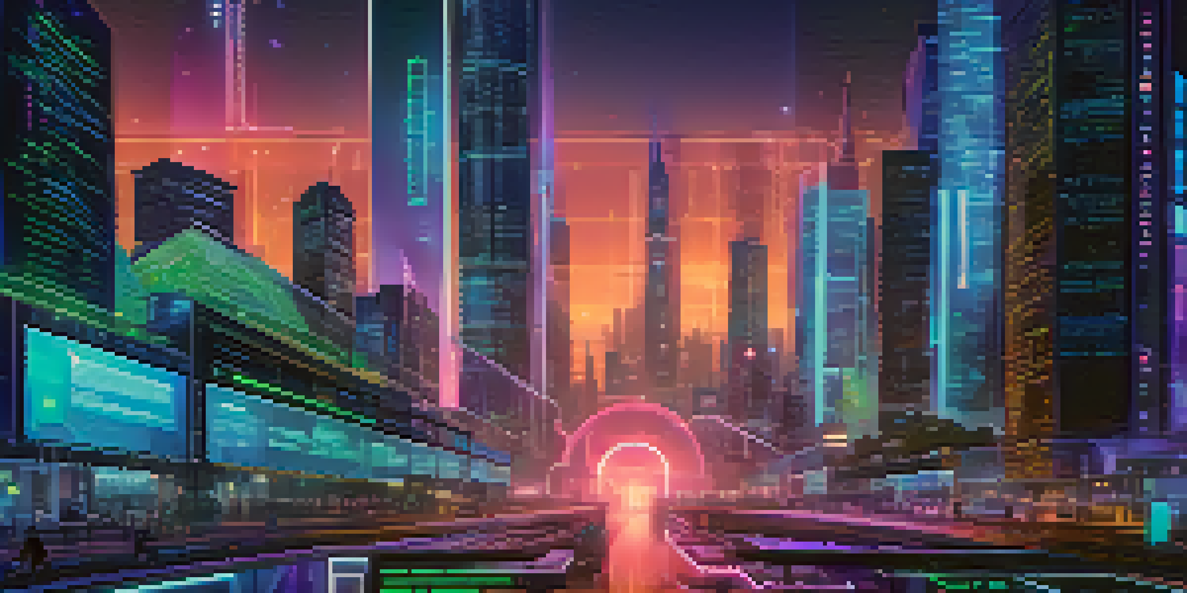 A futuristic digital interface displaying smart contracts with glowing code snippets and a high-tech cityscape at dusk.