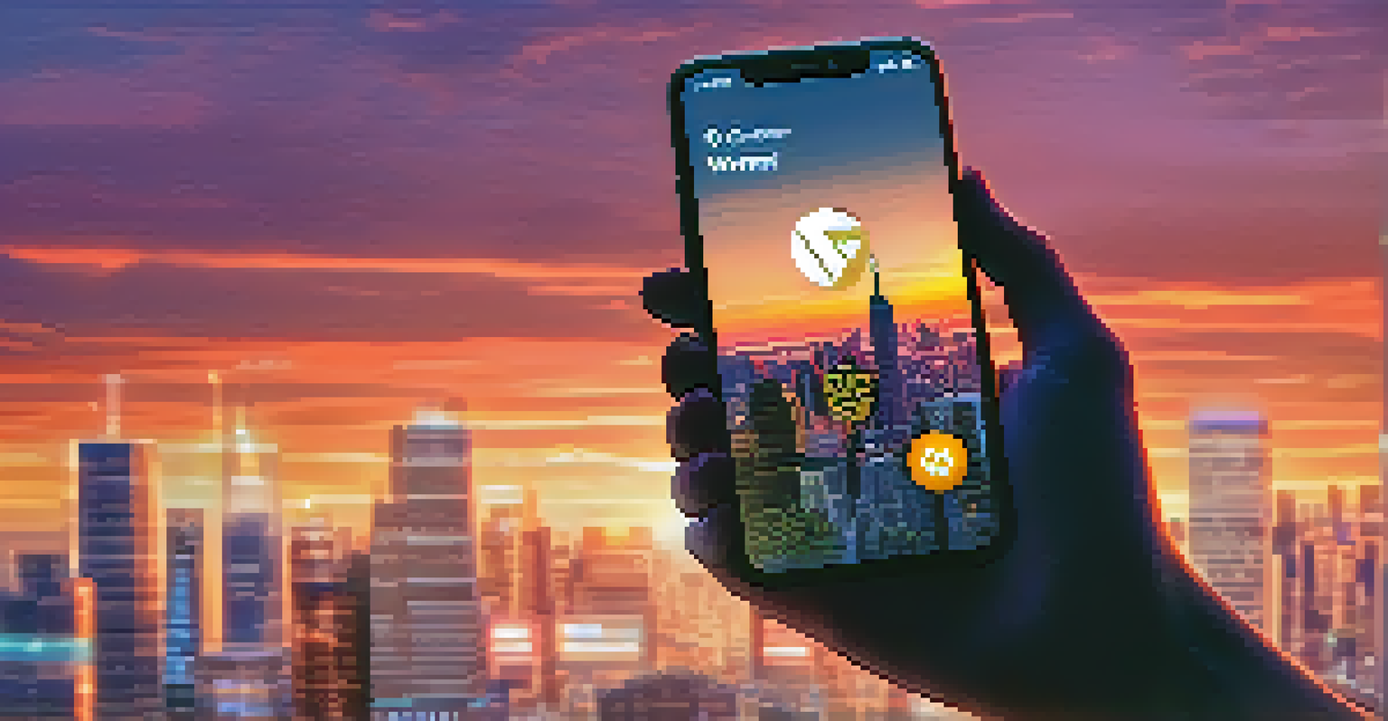 A hand holding a smartphone showing a cryptocurrency trading app against a city skyline at sunset.
