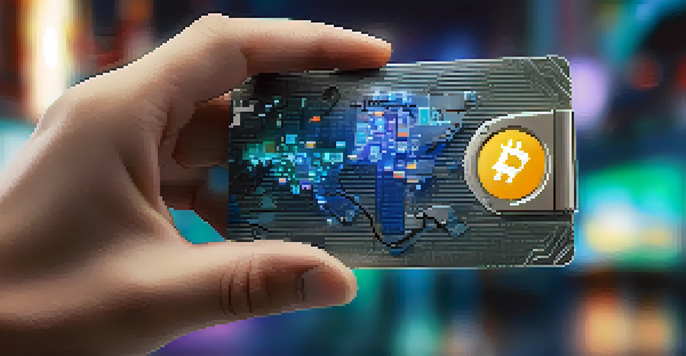 A close-up of a hand holding a modern hardware wallet with digital security symbols in the background.