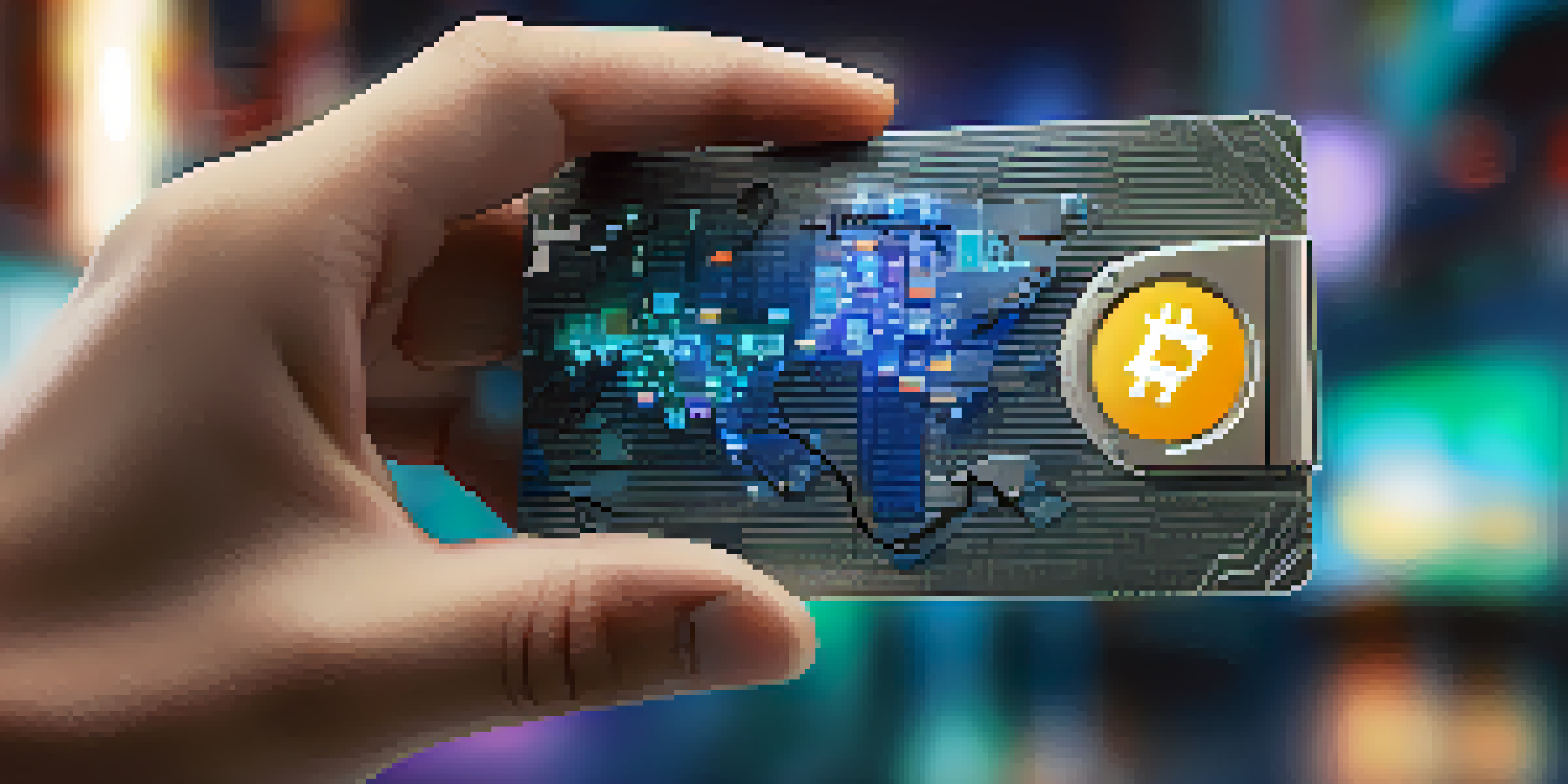 A close-up of a hand holding a modern hardware wallet with digital security symbols in the background.