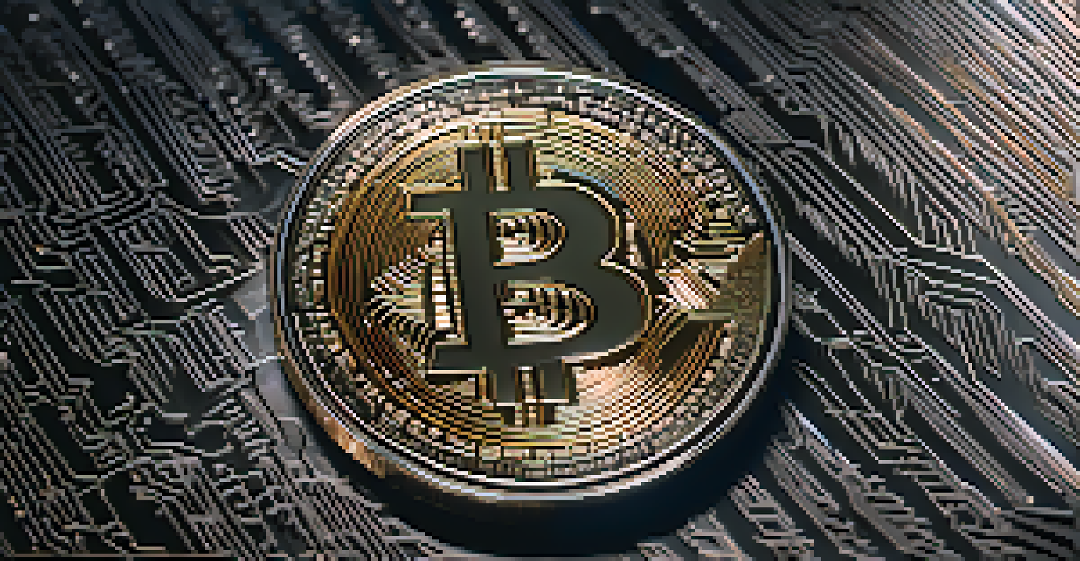 A close-up view of a shiny cryptocurrency coin on a dark textured surface.