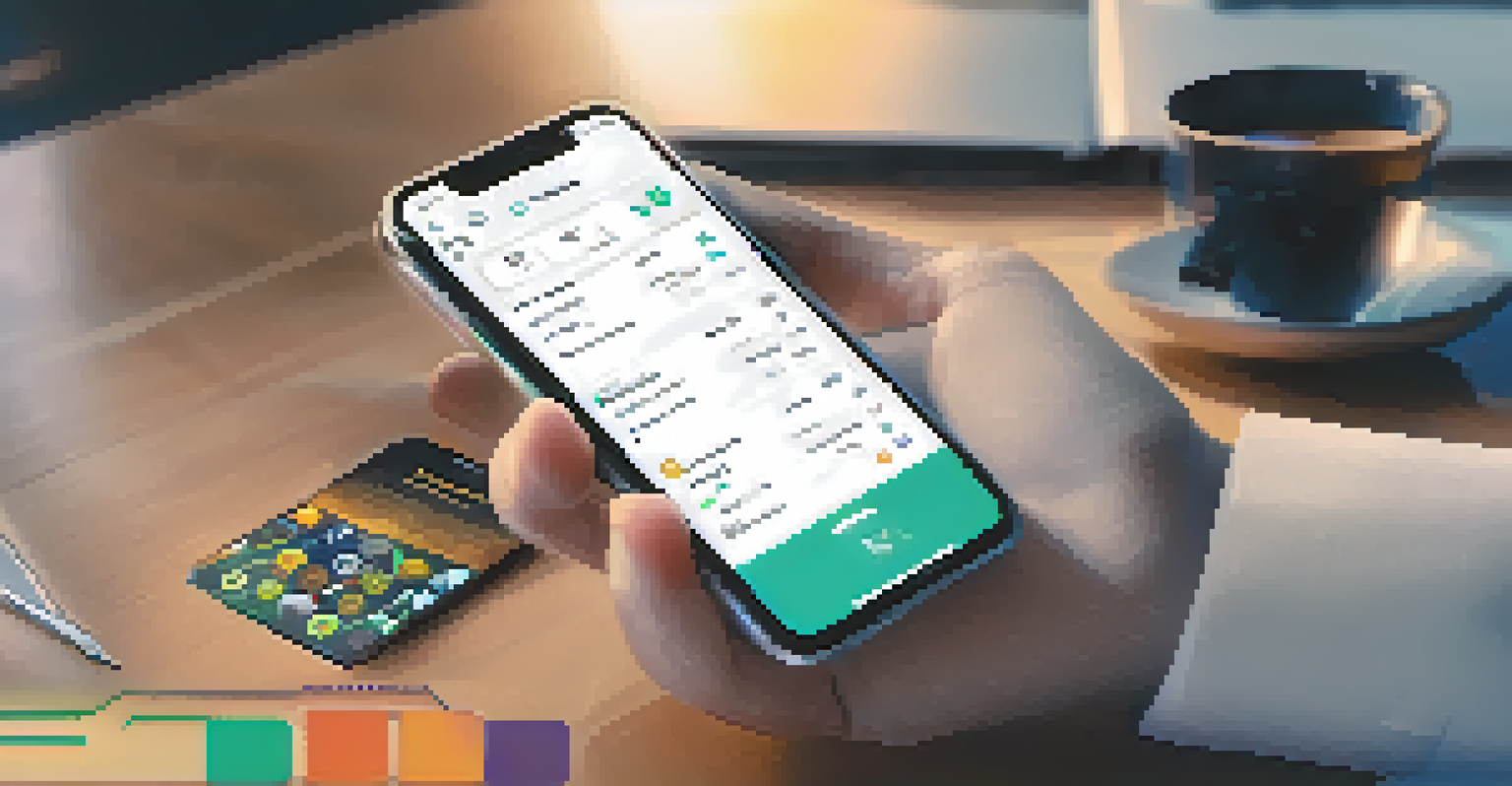 A close-up of a hand holding a smartphone with a DeFi app, showing cryptocurrencies and cross-chain options, in a modern workspace.