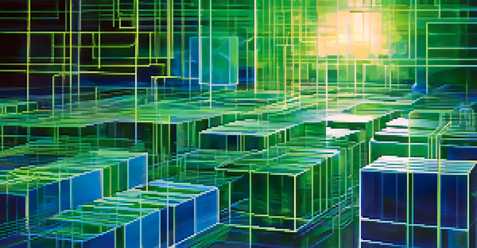 An abstract visualization of blockchain technology with interconnected glowing blocks and circuit patterns on a deep blue-green gradient background.