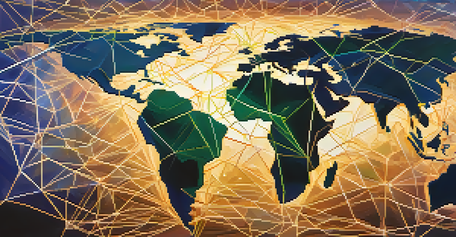 A world map made of blockchain nodes and lines, showing connections in vibrant colors.