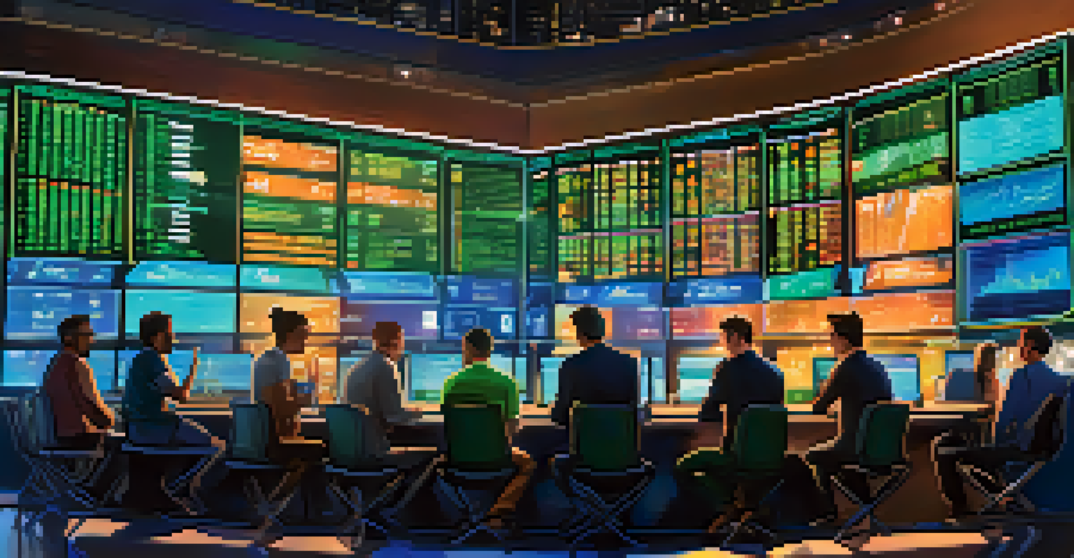 A lively cryptocurrency market scene with investors discussing and analyzing charts, surrounded by large digital screens showing prices.