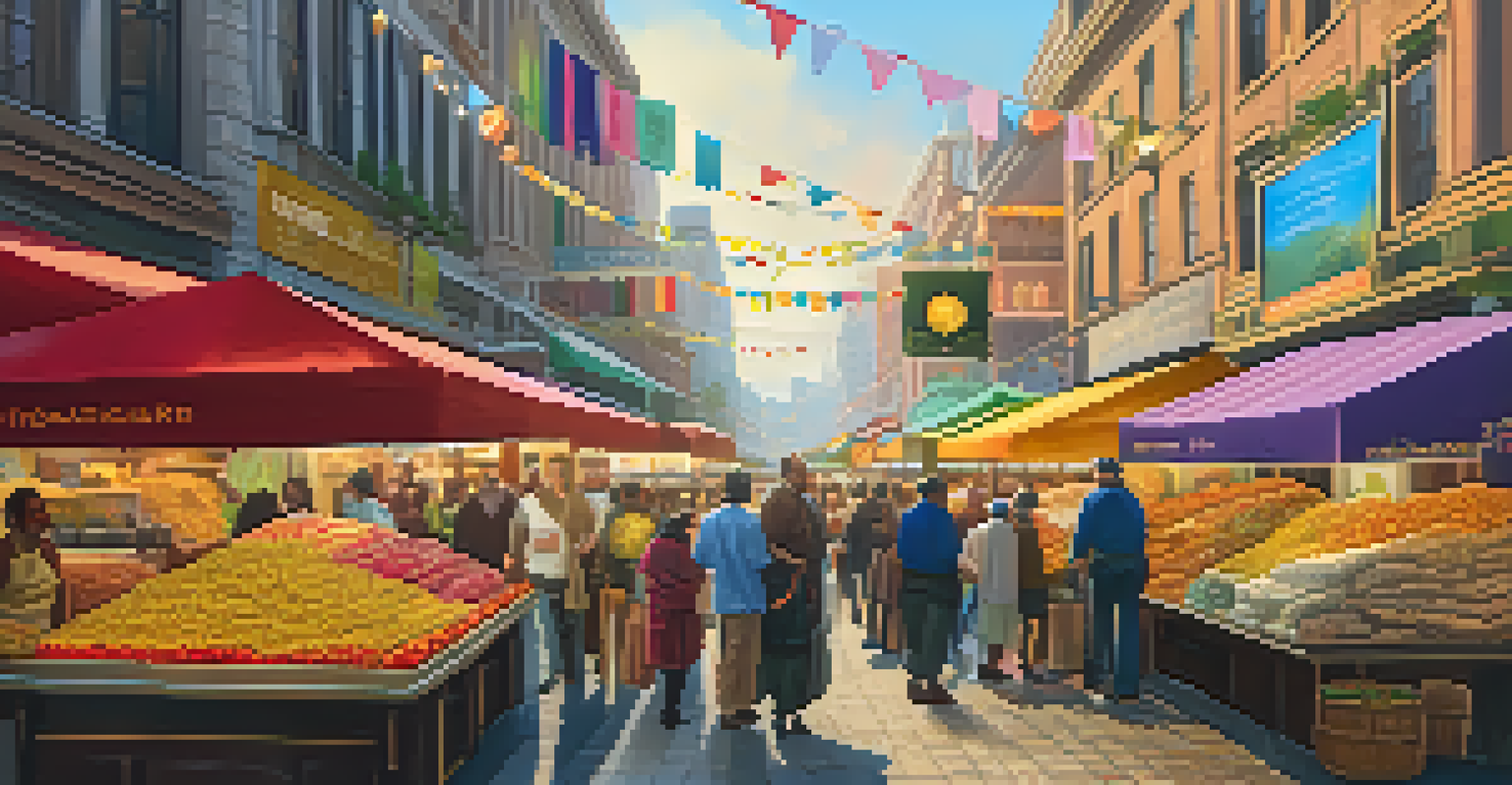 A lively market scene featuring digital displays of tokenized assets like art, vehicles, and gold coins, with people interacting and colorful banners in the background.