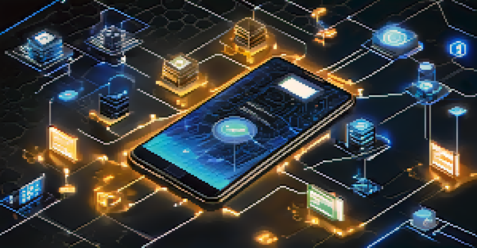A digital illustration of mobile wallets and cryptocurrencies in a futuristic financial landscape.