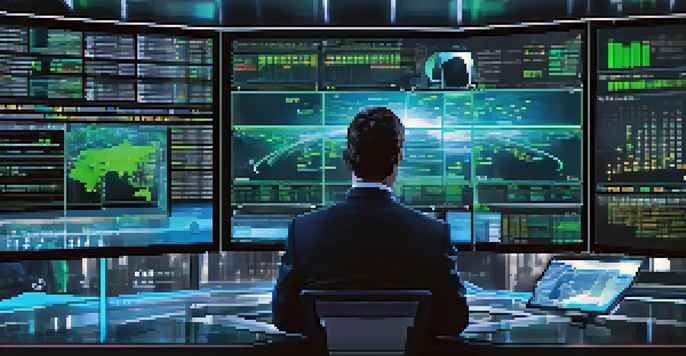A person in a business suit analyzing real-time market data on multiple screens in a futuristic trading room, with soft blue and green lighting.
