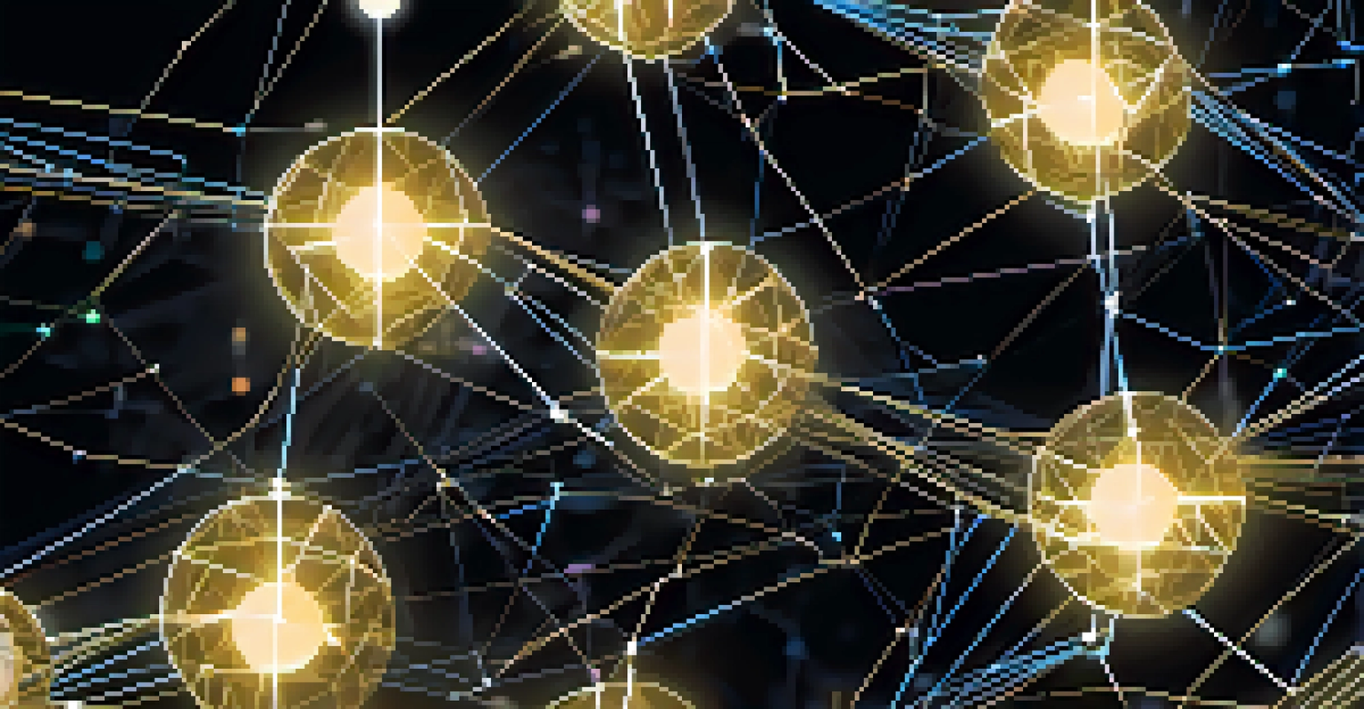 A detailed visualization of a blockchain network with glowing nodes and connecting lines on a dark background.