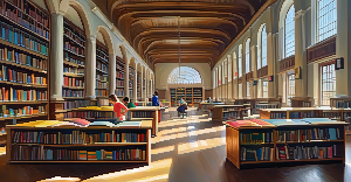 A peaceful library with sunlight illuminating bookshelves and a wooden table where people are reading.