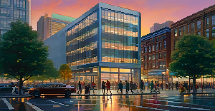 A modern bank building in a city at dusk, with people interacting and checking cryptocurrency prices on their smartphones.