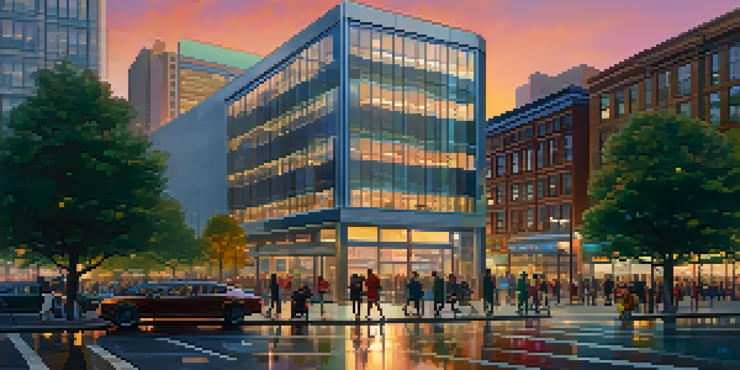 A modern bank building in a city at dusk, with people interacting and checking cryptocurrency prices on their smartphones.