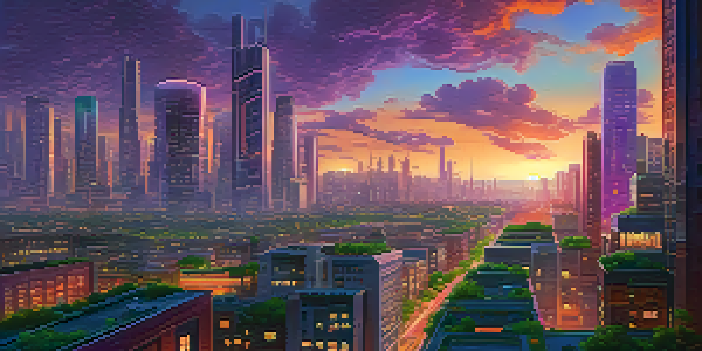 A futuristic city with glowing skyscrapers and flying vehicles at dusk, featuring a colorful sky.