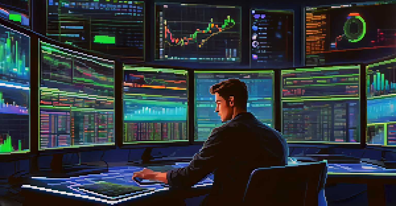 A trader intently analyzing cryptocurrency data on multiple glowing screens in a modern trading environment.