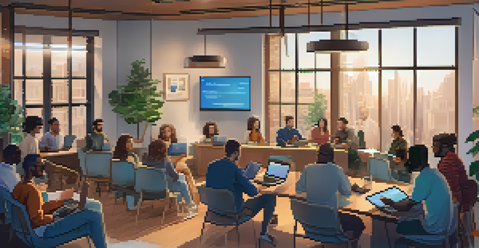A diverse group of people discussing cryptocurrency in a cozy community space, surrounded by laptops and inspiring decor.