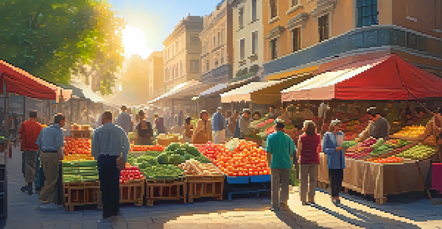 A lively marketplace with colorful stalls and people chatting, filled with fresh fruits and vegetables under warm sunlight.