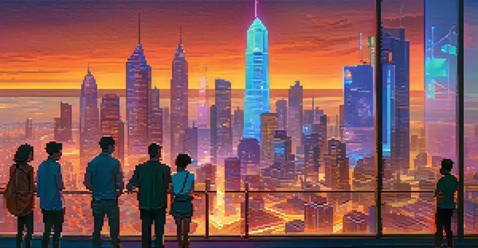 A vibrant futuristic city skyline at dusk with diverse people gathered around a digital display showing cryptocurrency charts.
