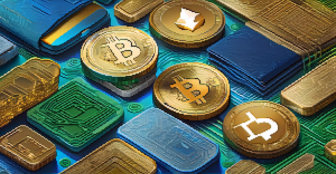 A digital wallet interface showing cryptocurrencies against a backdrop of abstract blockchain patterns in vibrant colors.