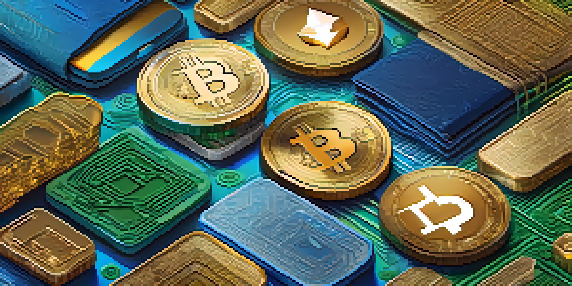 A digital wallet interface showing cryptocurrencies against a backdrop of abstract blockchain patterns in vibrant colors.