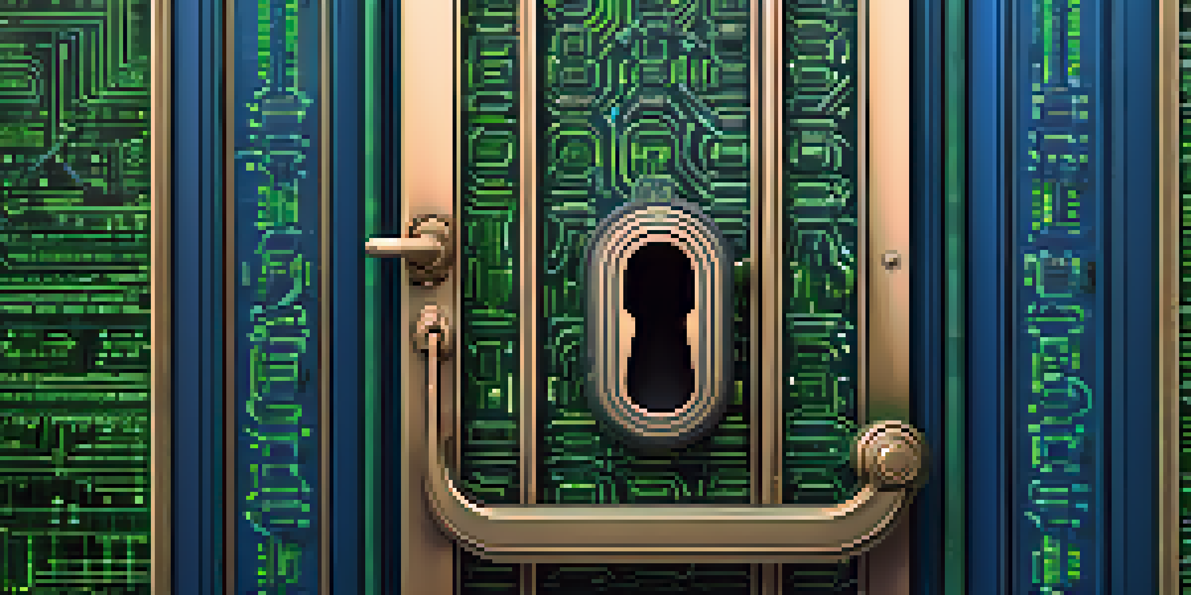 An illustration of a secure lock on a digital door surrounded by binary code, symbolizing strong passwords and cybersecurity.