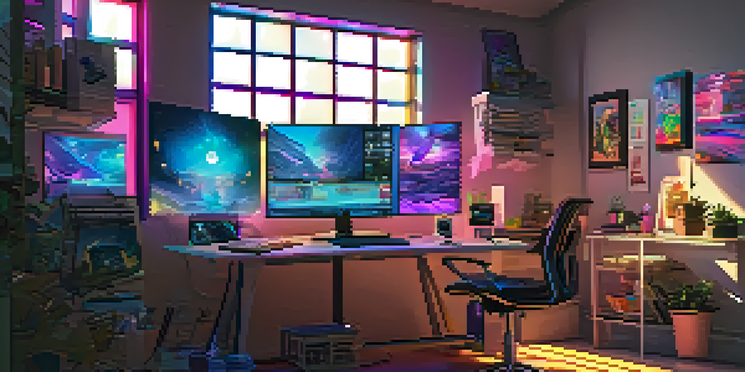 A digital artist's workspace with a computer displaying colorful NFTs, surrounded by vibrant artwork and illuminated by sunlight.