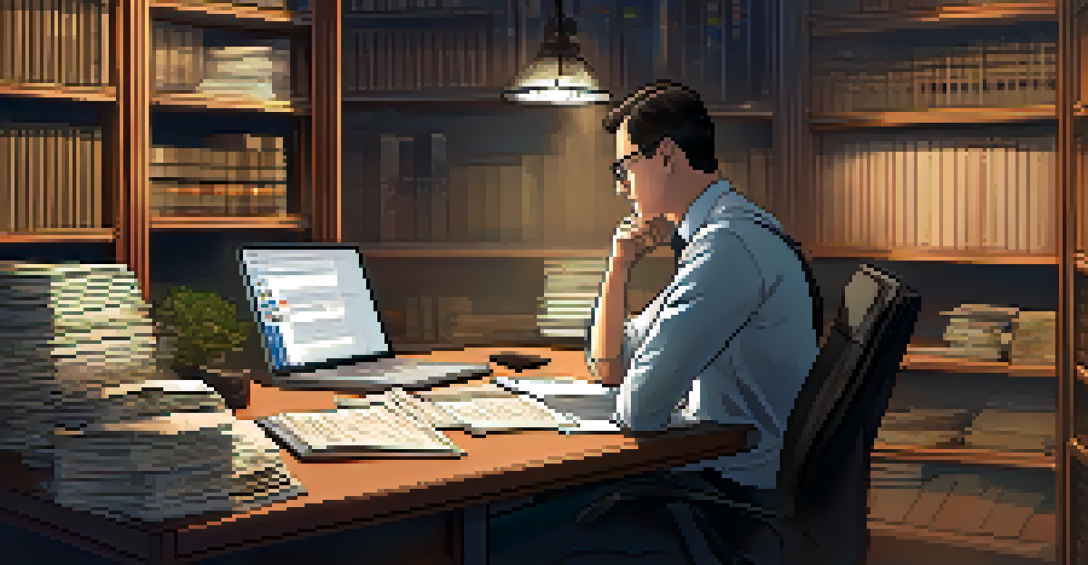 A Data Protection Officer at a desk with legal documents and a laptop, surrounded by bookshelves and a whiteboard, illuminated by warm lighting.