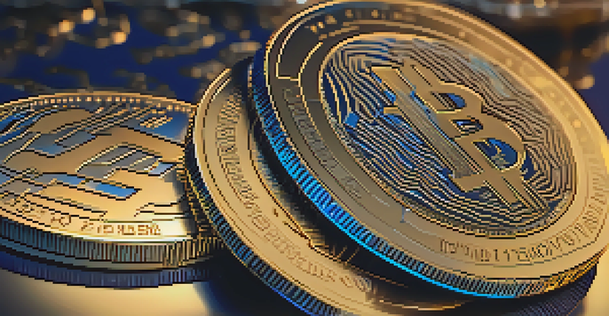 A close-up view of a Bitcoin coin on a reflective surface with soft light, showcasing its intricate engravings.
