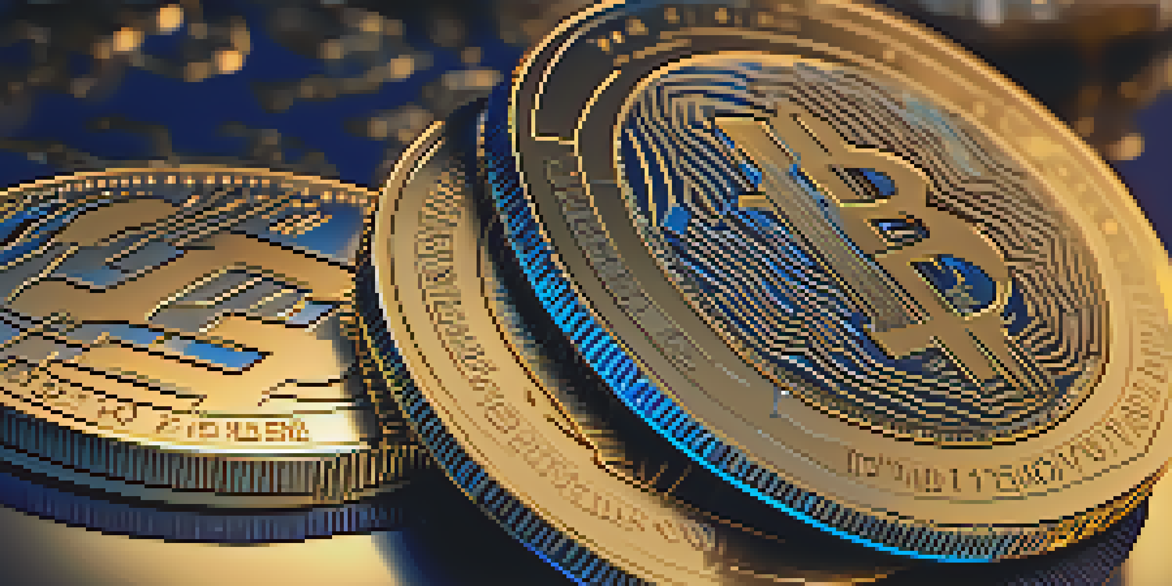 A close-up view of a Bitcoin coin on a reflective surface with soft light, showcasing its intricate engravings.