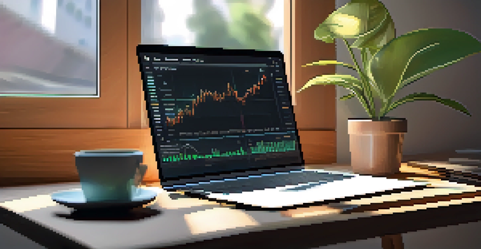 A workspace with a laptop showing cryptocurrency analysis, illuminated by natural sunlight, featuring a wooden desk with a plant.