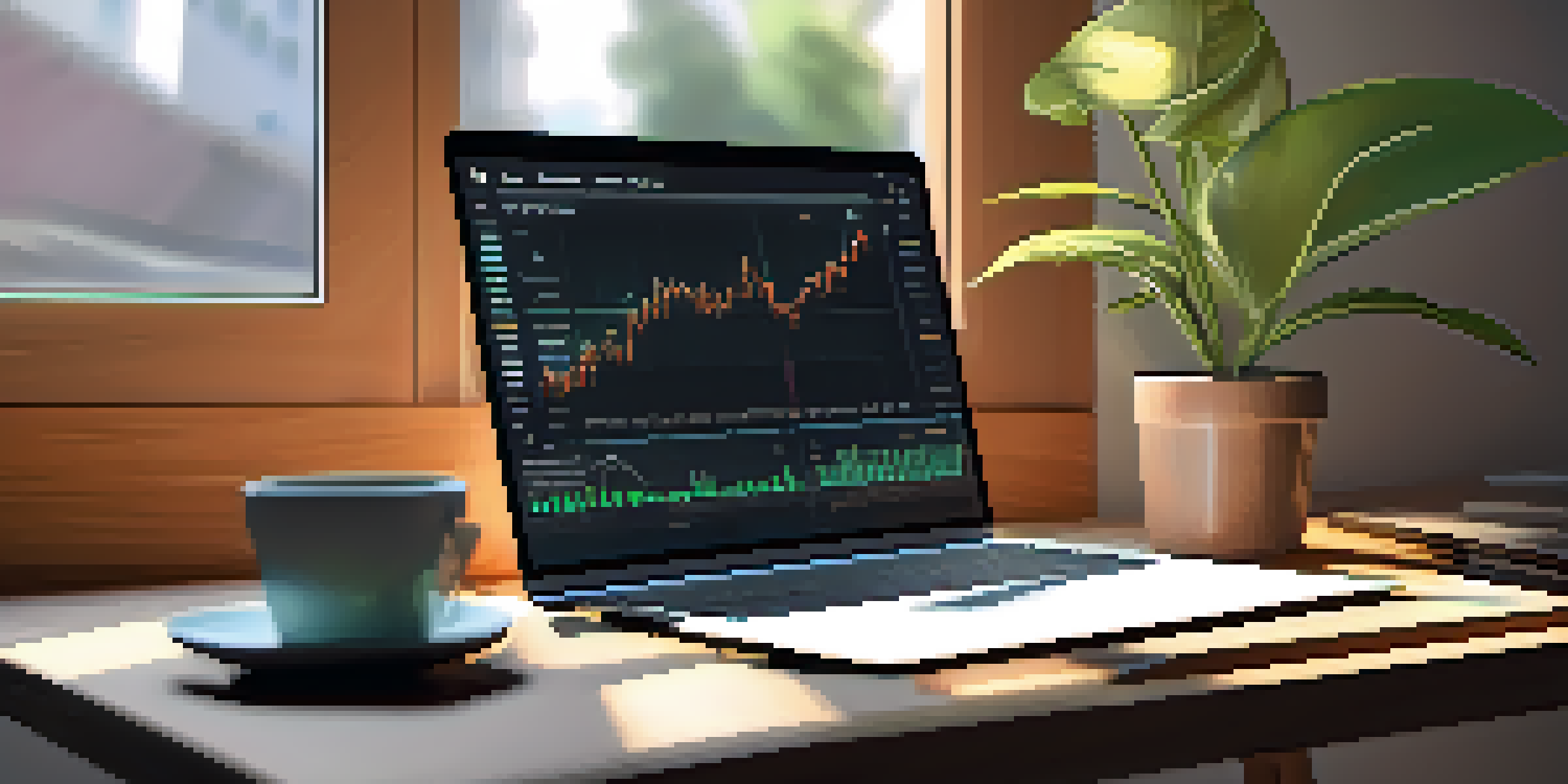 A workspace with a laptop showing cryptocurrency analysis, illuminated by natural sunlight, featuring a wooden desk with a plant.