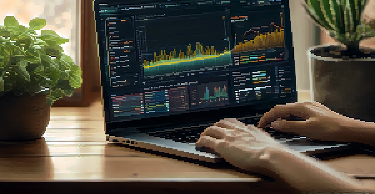 A close-up view of hands typing on a laptop showing cryptocurrency mining statistics, set in a bright and modern workspace filled with greenery.