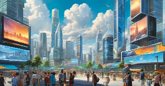 A colorful futuristic city skyline with modern architecture, digital signs, and diverse individuals engaged in conversations.