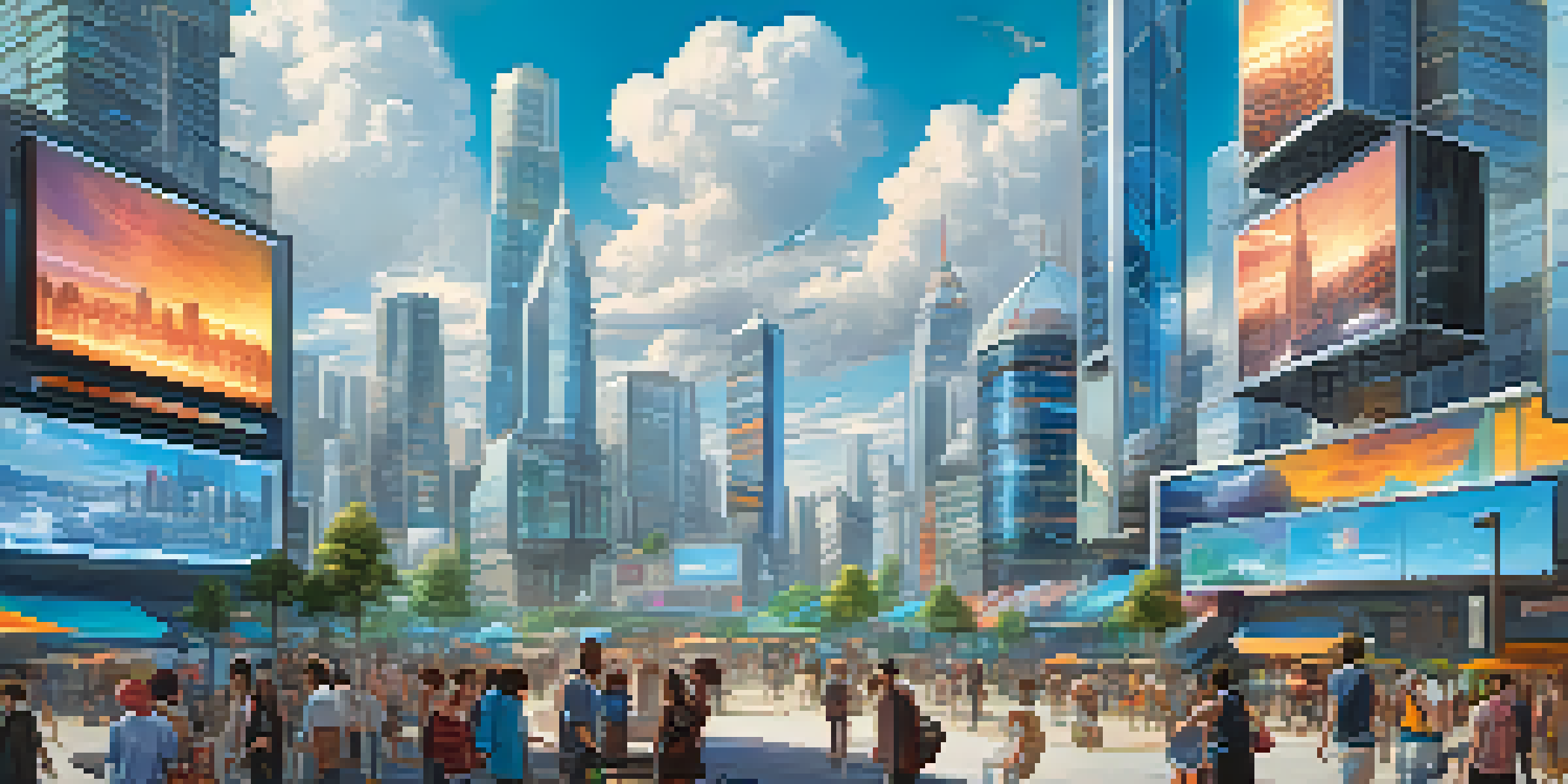 A colorful futuristic city skyline with modern architecture, digital signs, and diverse individuals engaged in conversations.