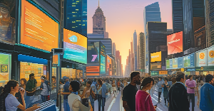 A vibrant city street at dusk with diverse people discussing cryptocurrency, illuminated by streetlights and reflecting colorful digital currency ads on skyscrapers.