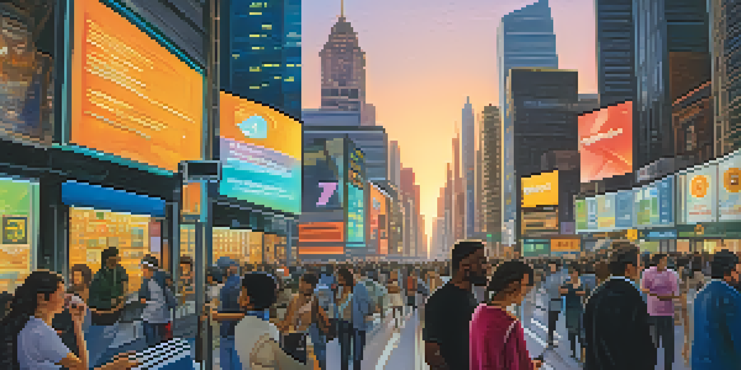 A vibrant city street at dusk with diverse people discussing cryptocurrency, illuminated by streetlights and reflecting colorful digital currency ads on skyscrapers.