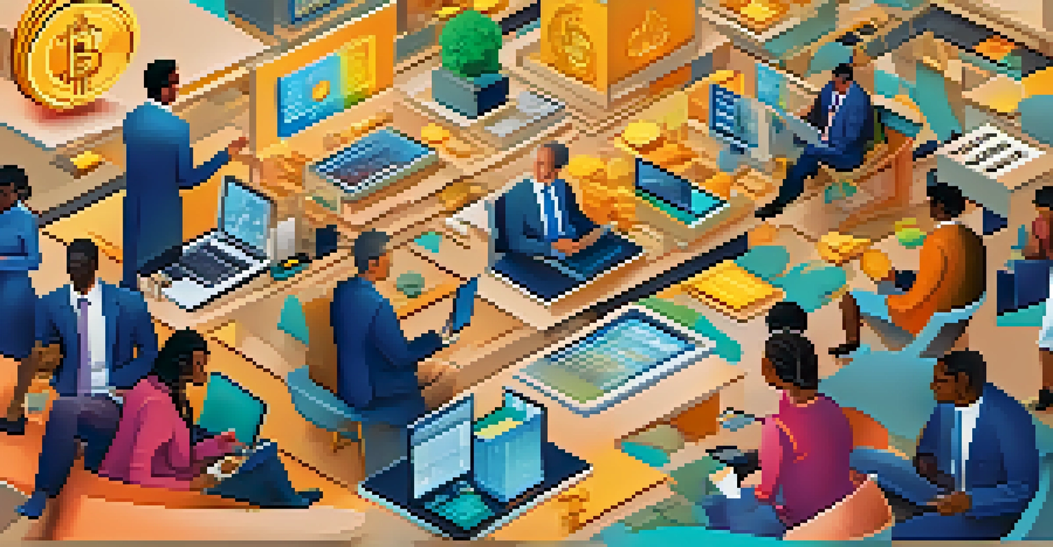 An abstract illustration of diverse people accessing financial services through digital devices, symbolizing financial inclusion.