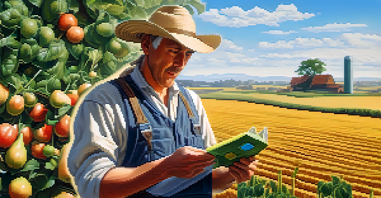 A farmer in a green field holding a digital token, symbolizing the tokenization of agricultural assets.