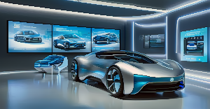 A modern automotive showroom with a sleek autonomous vehicle and digital screens showcasing smart contract features, illuminated with soft blue and silver lighting.