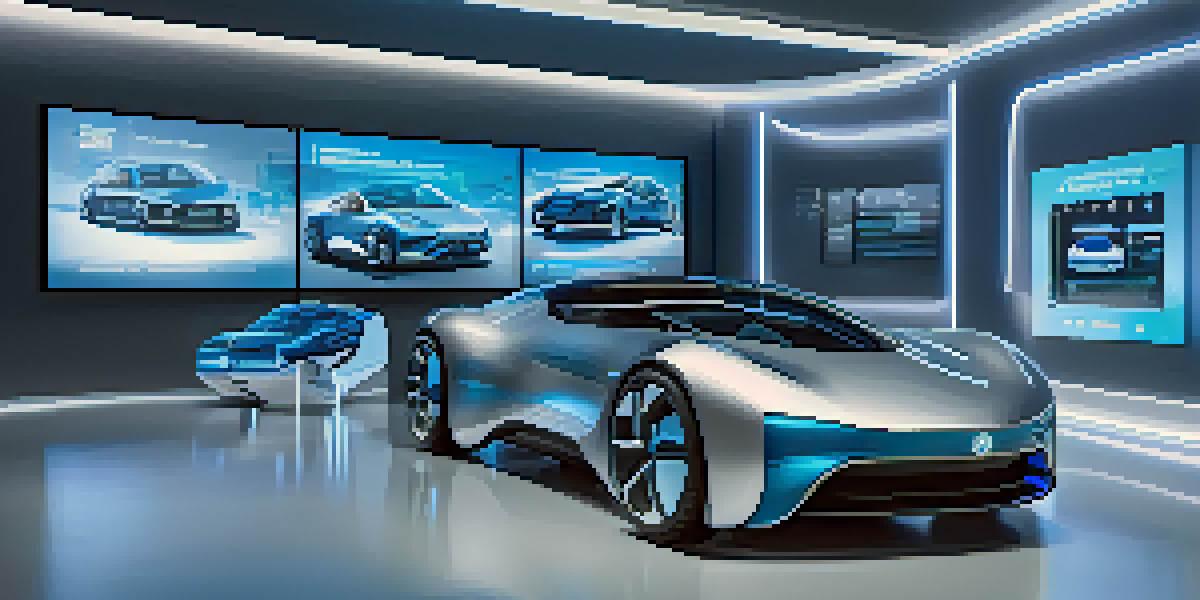 A modern automotive showroom with a sleek autonomous vehicle and digital screens showcasing smart contract features, illuminated with soft blue and silver lighting.