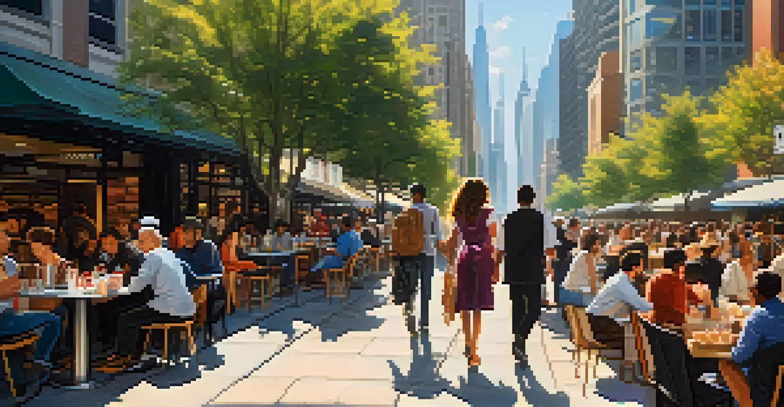 A busy city street with diverse people, cafes, and skyscrapers in the background, illuminated by warm sunlight.