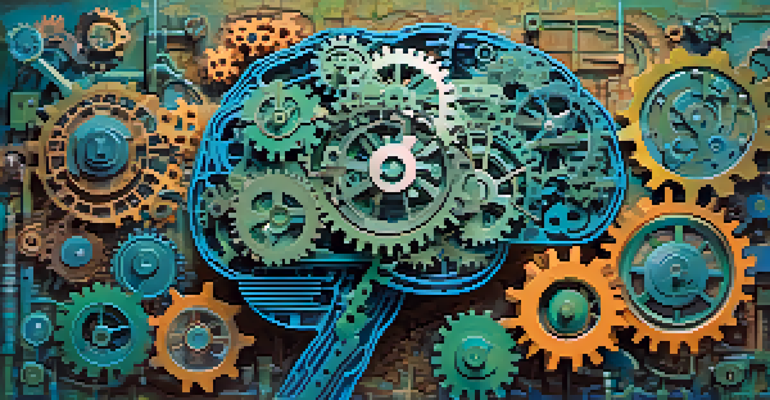 An abstract image of a brain made of colorful gears representing different cognitive biases in investment.
