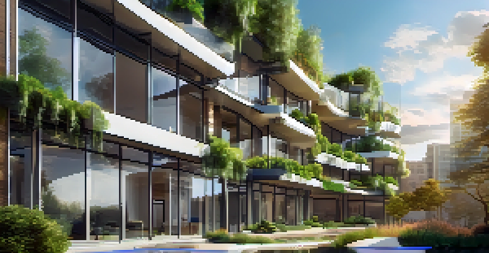 A modern building surrounded by greenery with floating digital tokens above it, representing fractional ownership in real estate.