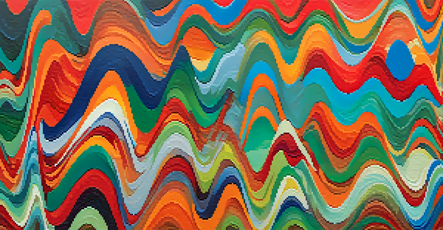 An abstract wave pattern representing emotional fluctuations in investing, with vibrant colors.