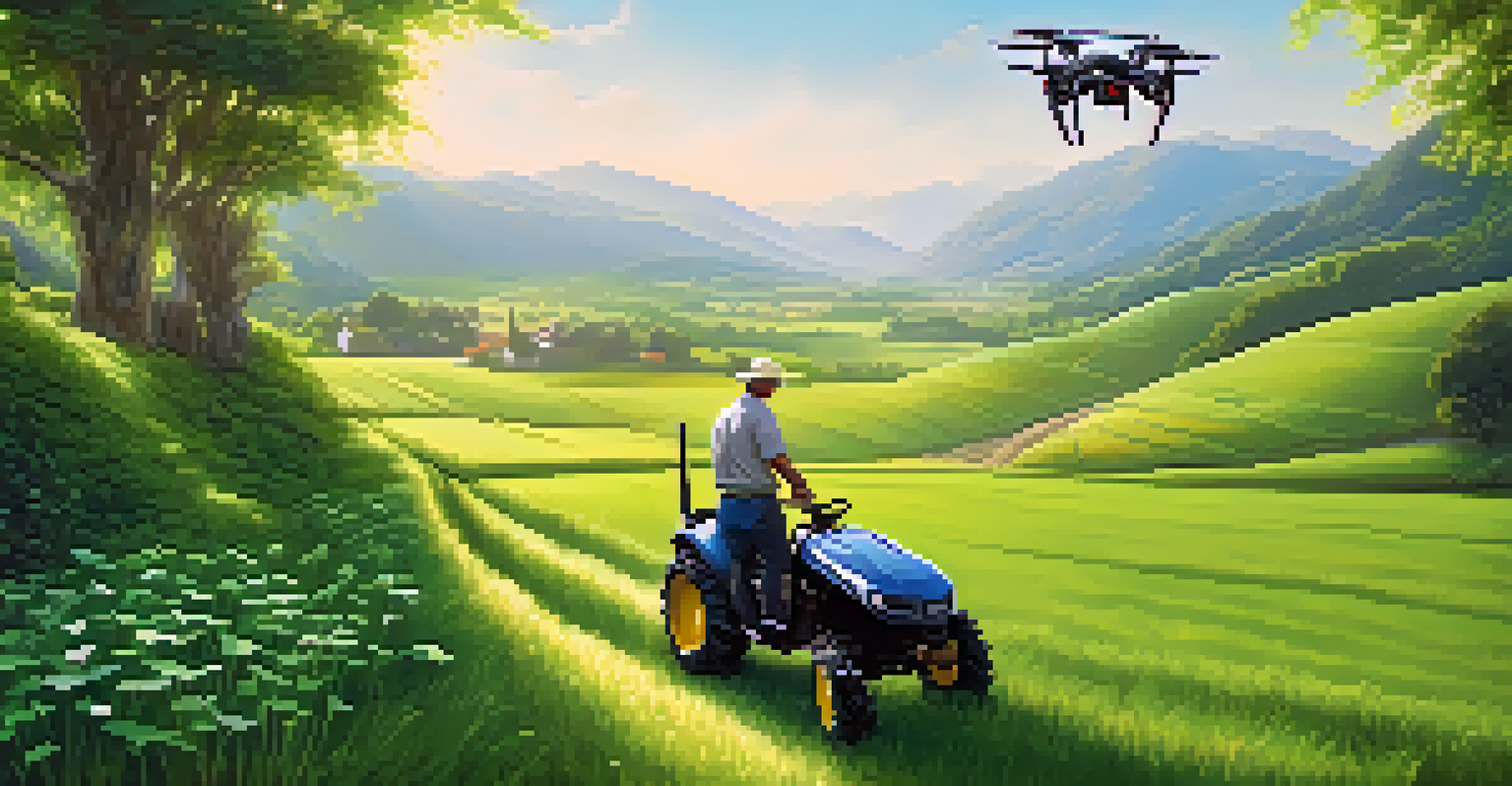 A farmer in a green field using technology like drones, with a sunny landscape and mountains in the background.