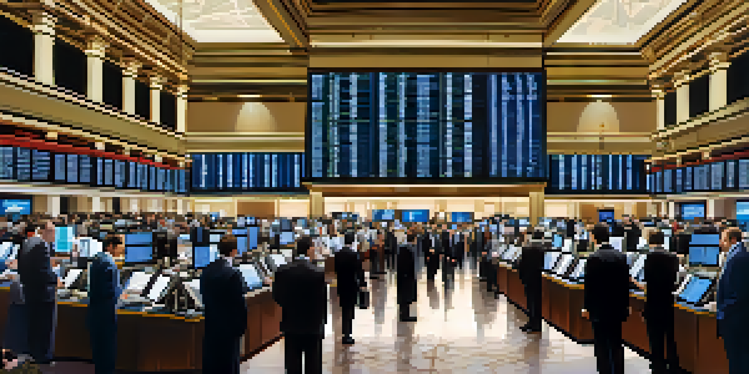 A lively stock market trading floor with traders in suits and digital screens showing stock prices.