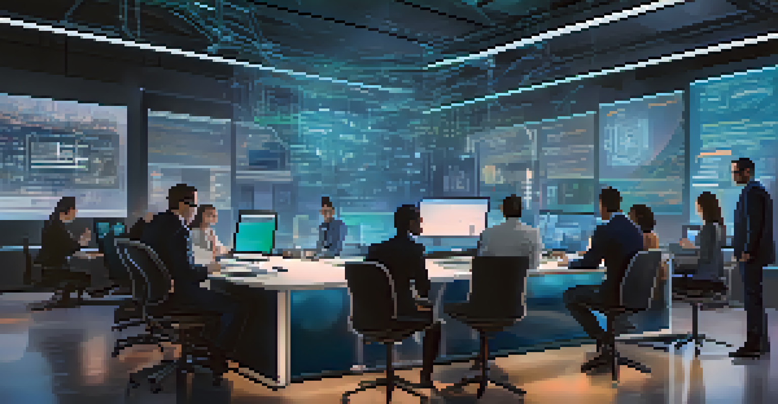 A diverse group of developers collaborating over smart contract code on a digital table, with holographic security projections in a modern office.