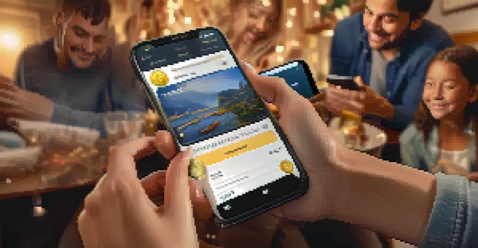 Hands holding a smartphone with cryptocurrency apps, with a family celebrating in the background.