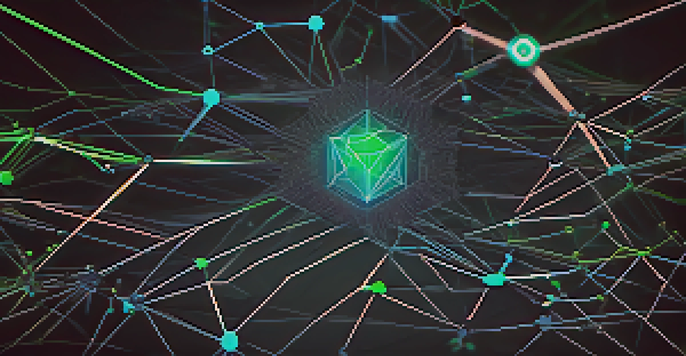 A visual representation of a blockchain network with interconnected nodes and blocks, in blue and green colors on a dark background.