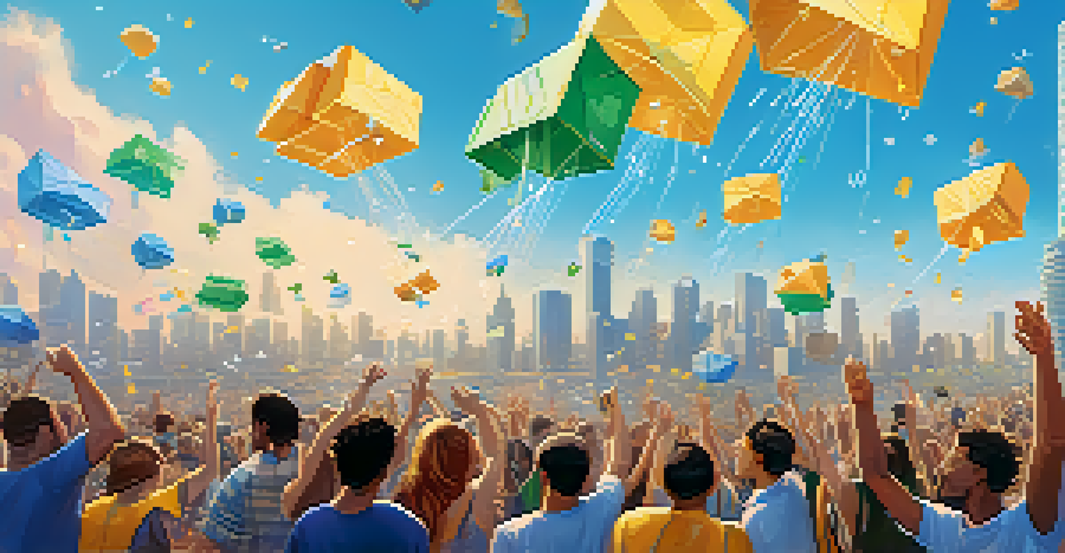A colorful representation of an airdrop event with tokens falling from a digital cloud, illustrating excitement and community involvement.